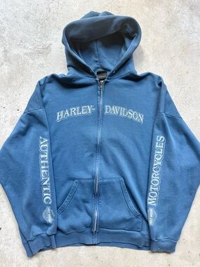 Vintage Y2K Harley Davidson Men’s Blue Zip Up Biker Hoodie 2XL 26x29